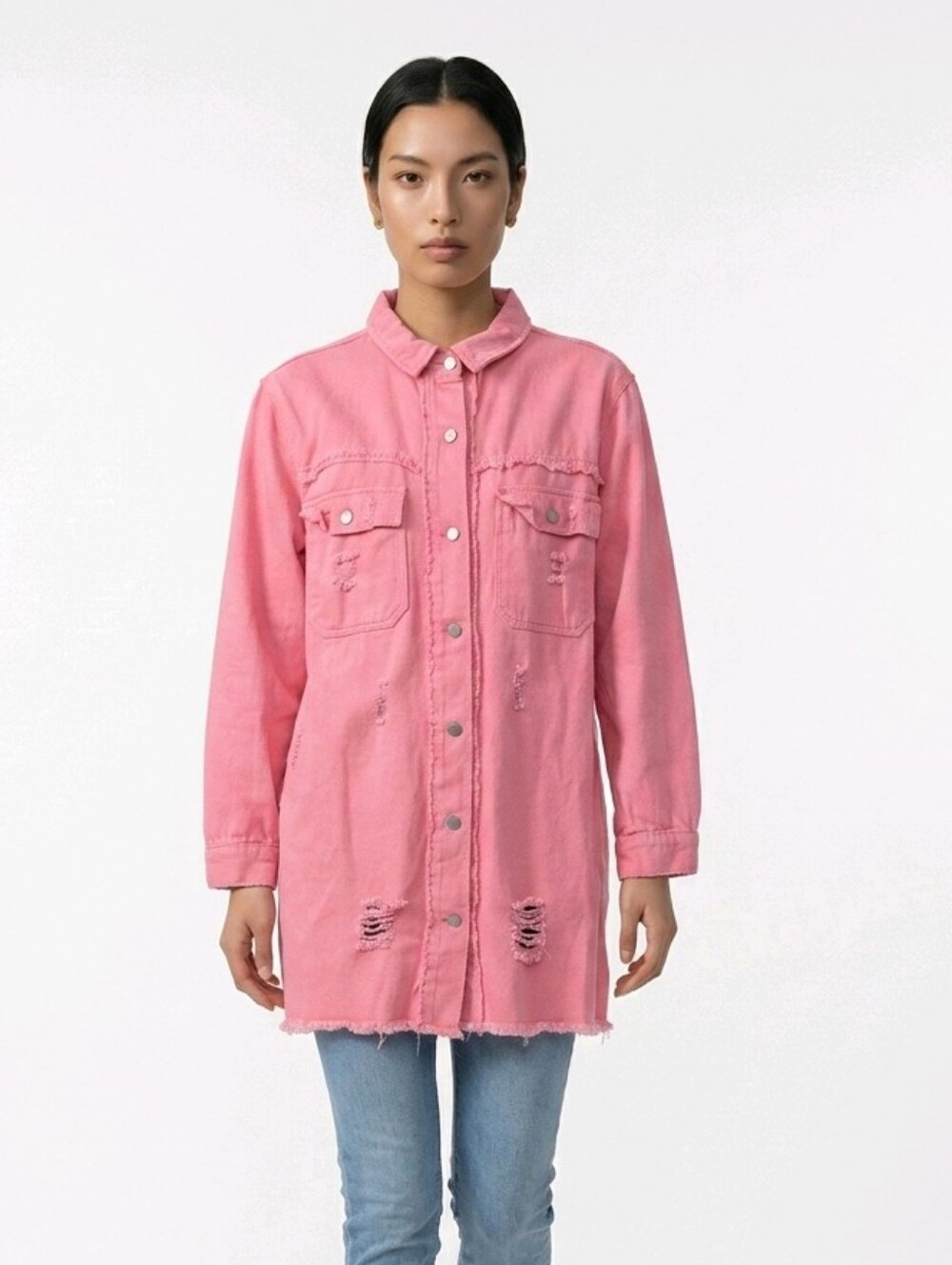SHEIN Pink Distressed Long Denim Jacket